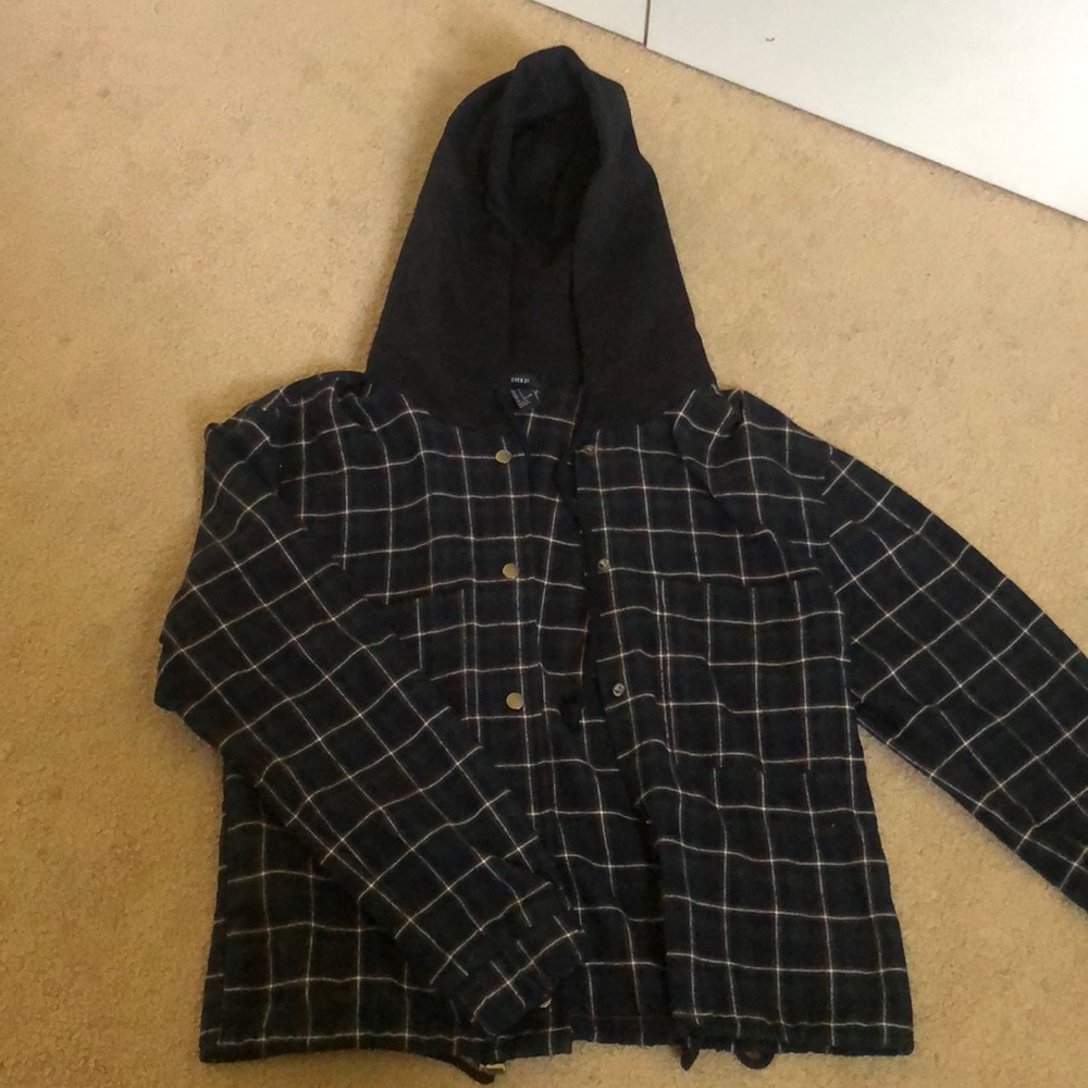 Forever 21 plaid button-up jacket. Hood attached.
